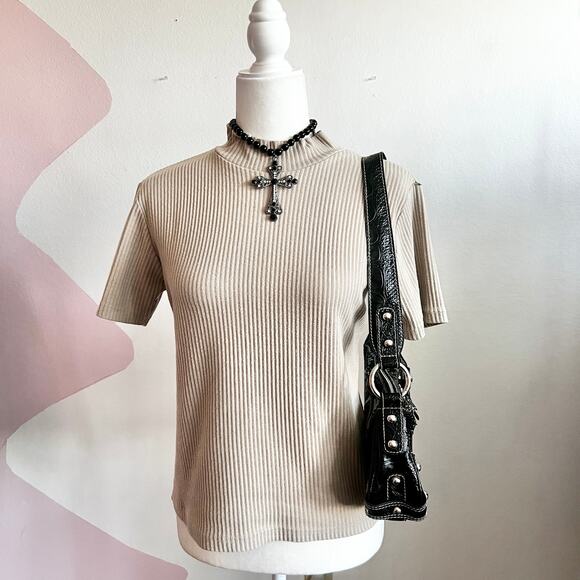 Vintage Ribbed Mock Neck Top 90s Y2K Minimalist Indie‎ Retro Grunge Small - Picture 1 of 6